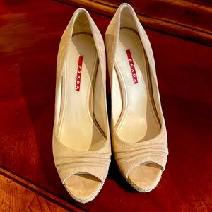 Prada wedge heels, tan suede, size 38